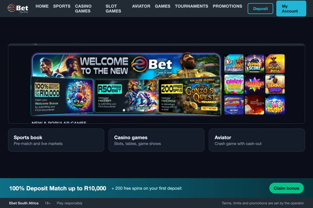 Ebet South Africa home page and welcome offer